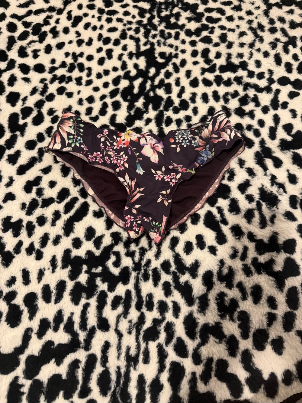 Target Floral Ruffle Bikini Bottoms in Dark Purple with Pink and Green Accents